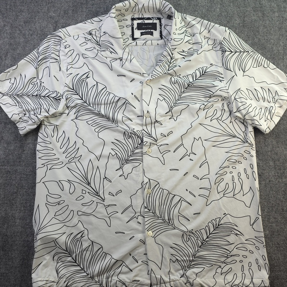 Porter‎ & Ash Kinetic Stretch Shirt Large White Black Floral Short Sleeve Camp